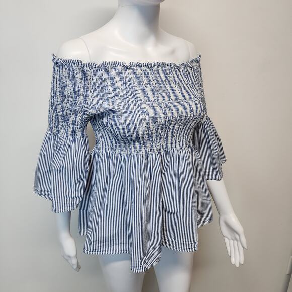 Zara Smocked Top Size M Blue White Square Neck Off Shoulder Bell Sleeve Y2K - Picture 2 of 9